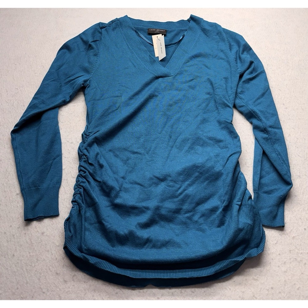 Lane Bryant Womens Plus Sweater 14/16 1X Teal Blue Ruched V-Neck Pullover NWT